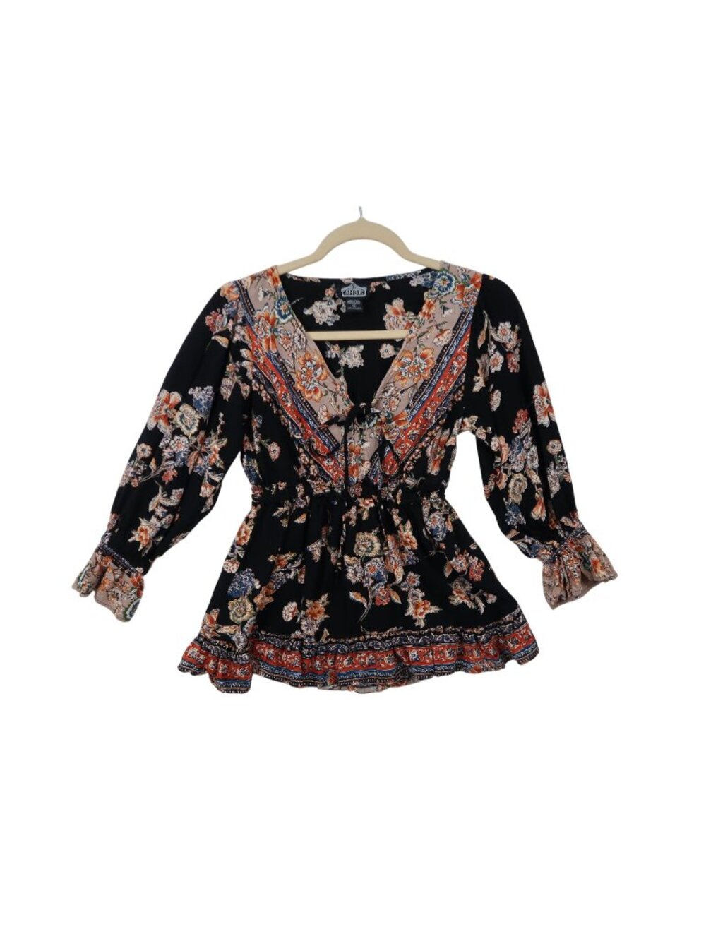 Angie S Black Floral Rayon Long Sleeve V-Neck Top Boho Dark Witchy Whimsy Goth